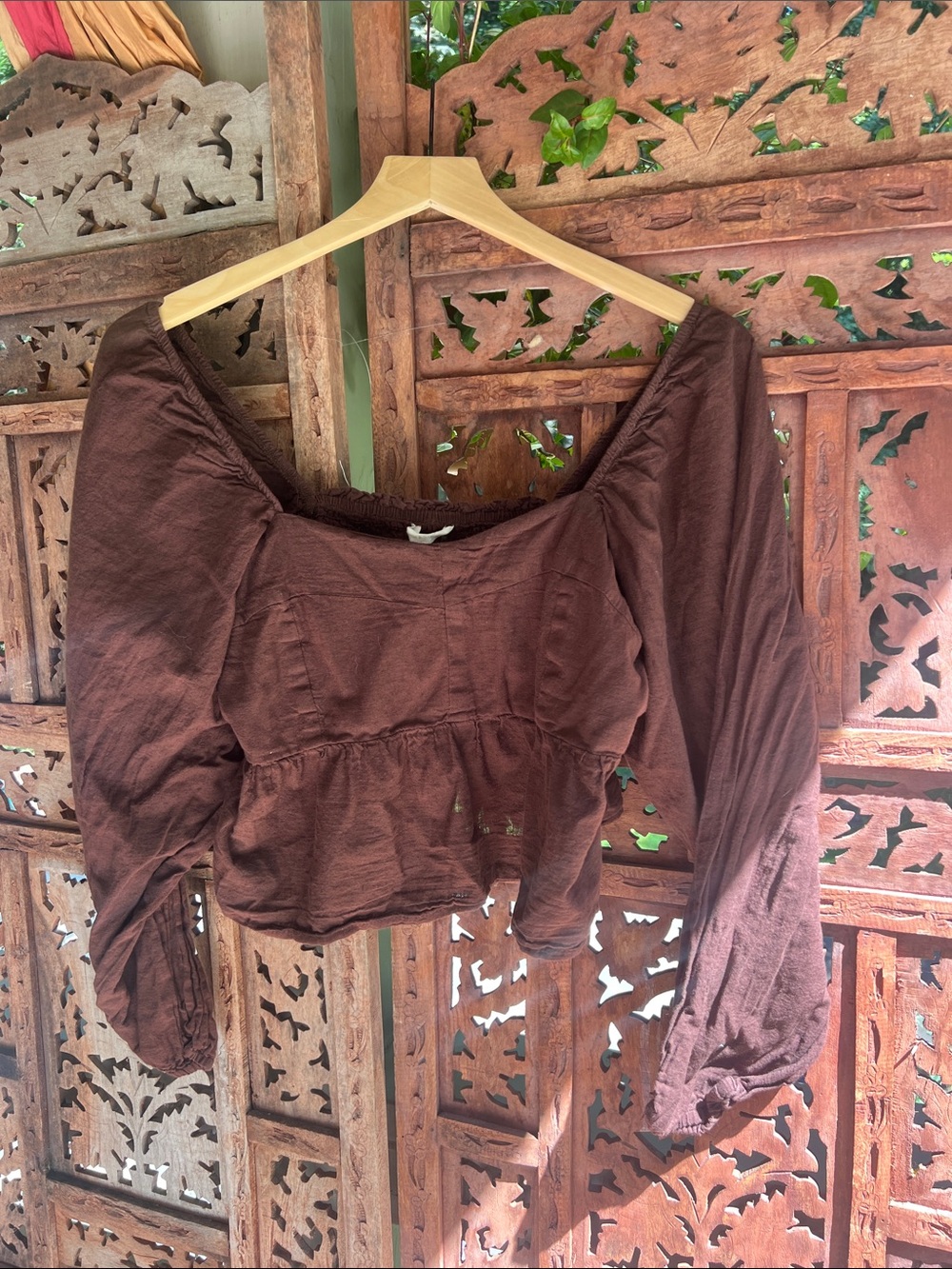Brown Cropped Peasant Top with Square Neckline
